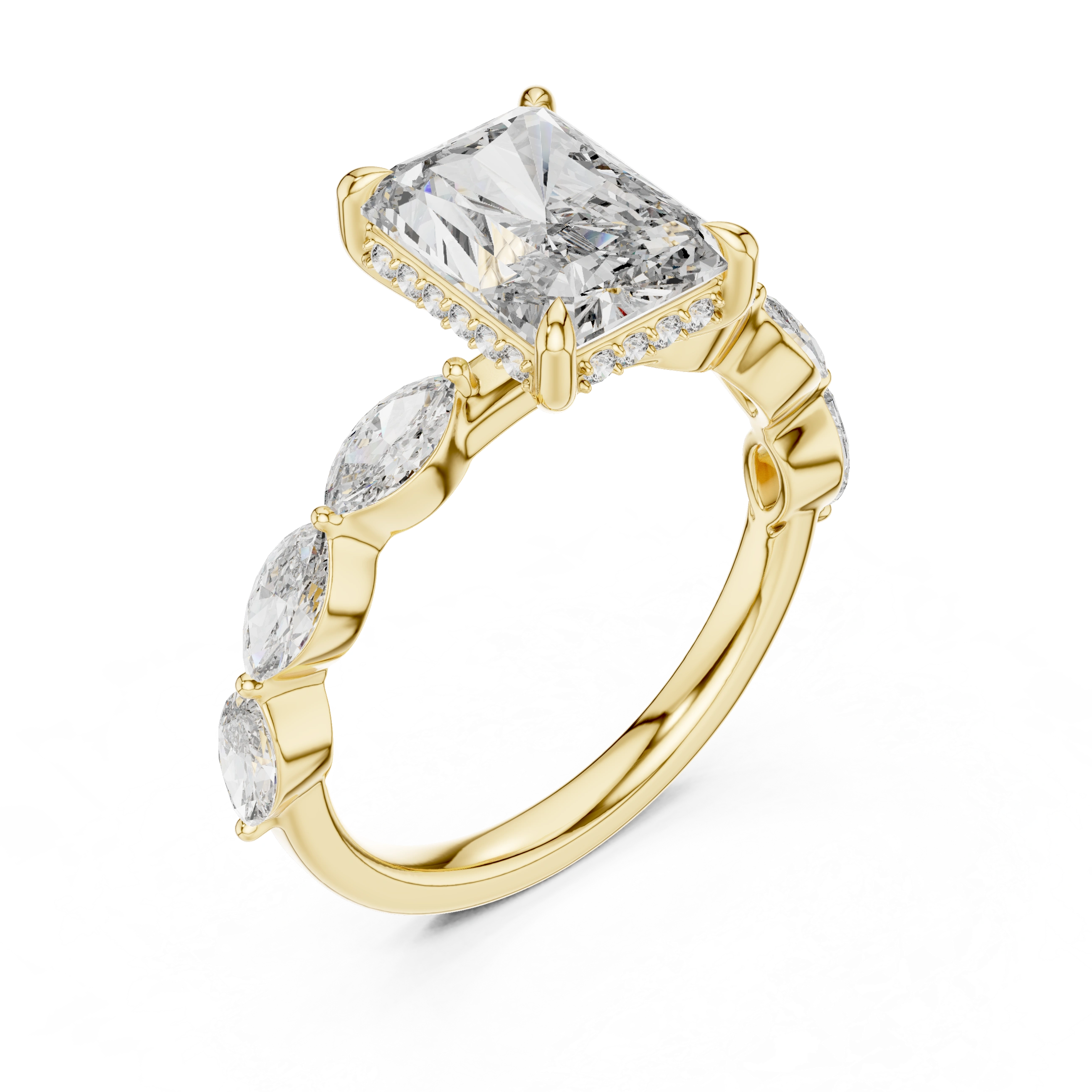 Gold 3Ct Marquise Side Stone Setting Radiant Lab Grown Diamond Leah Ring
