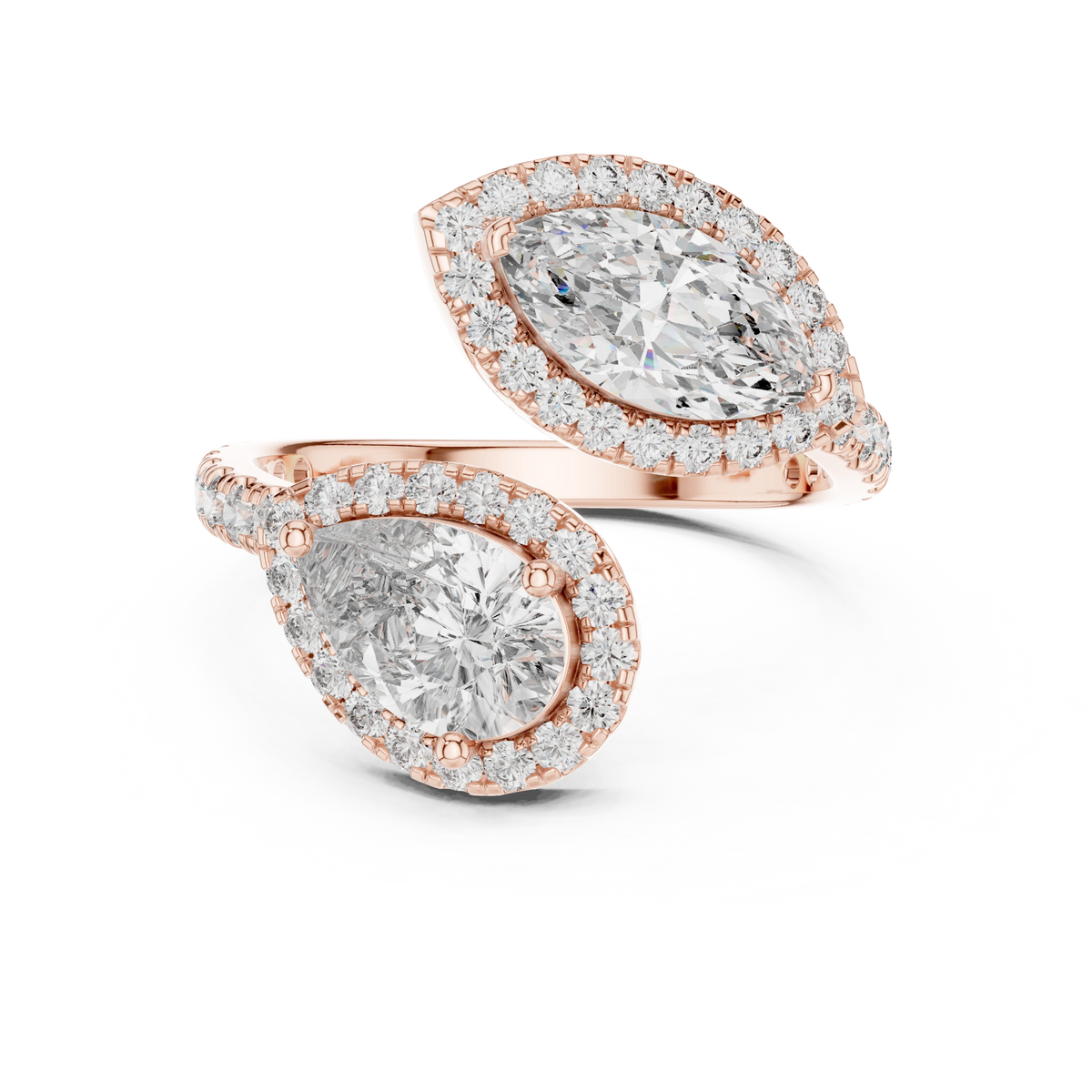 Gold 2Ct Halo Double Stone Setting Open Design Marquise Pear Lab Grown Diamond Irene Ring