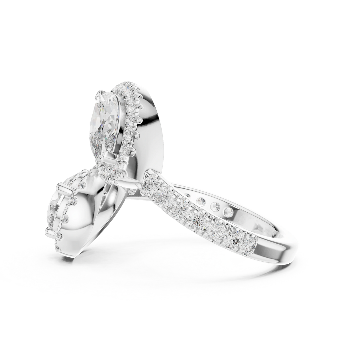 Gold 2Ct Halo Double Stone Setting Open Design Marquise Pear Lab Grown Diamond Irene Ring