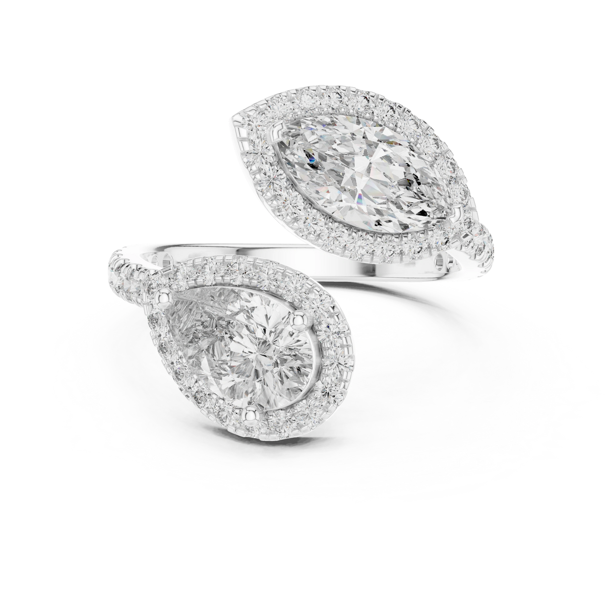 Gold 2Ct Halo Double Stone Setting Open Design Marquise Pear Lab Grown Diamond Irene Ring