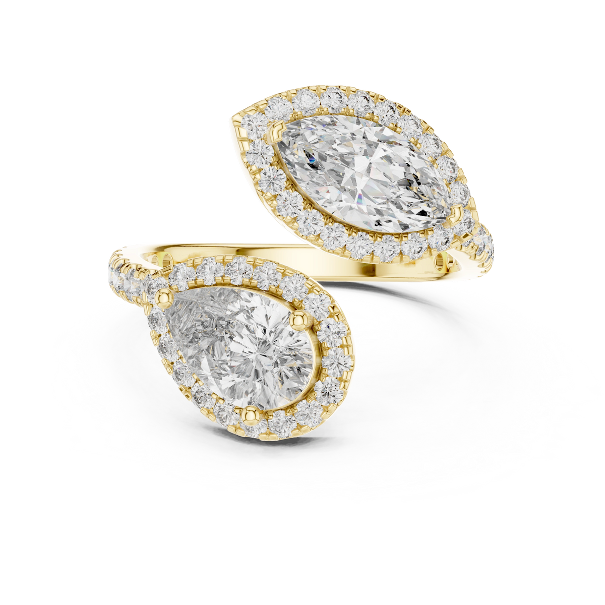 Gold 2Ct Halo Double Stone Setting Open Design Marquise Pear Lab Grown Diamond Irene Ring