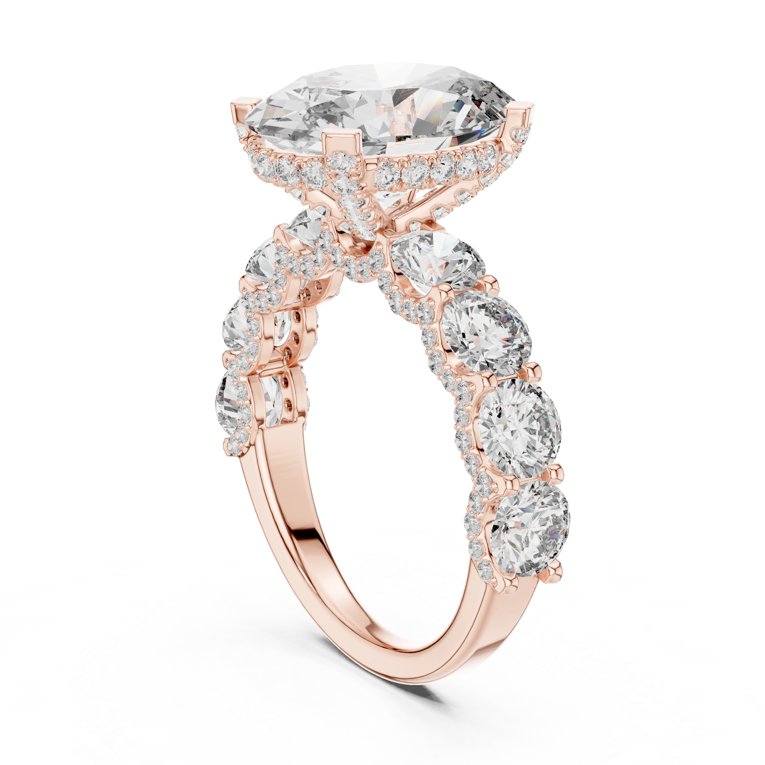Gold 2Ct Side Stone Round Oval Lab Grown Diamond Earl Ring
