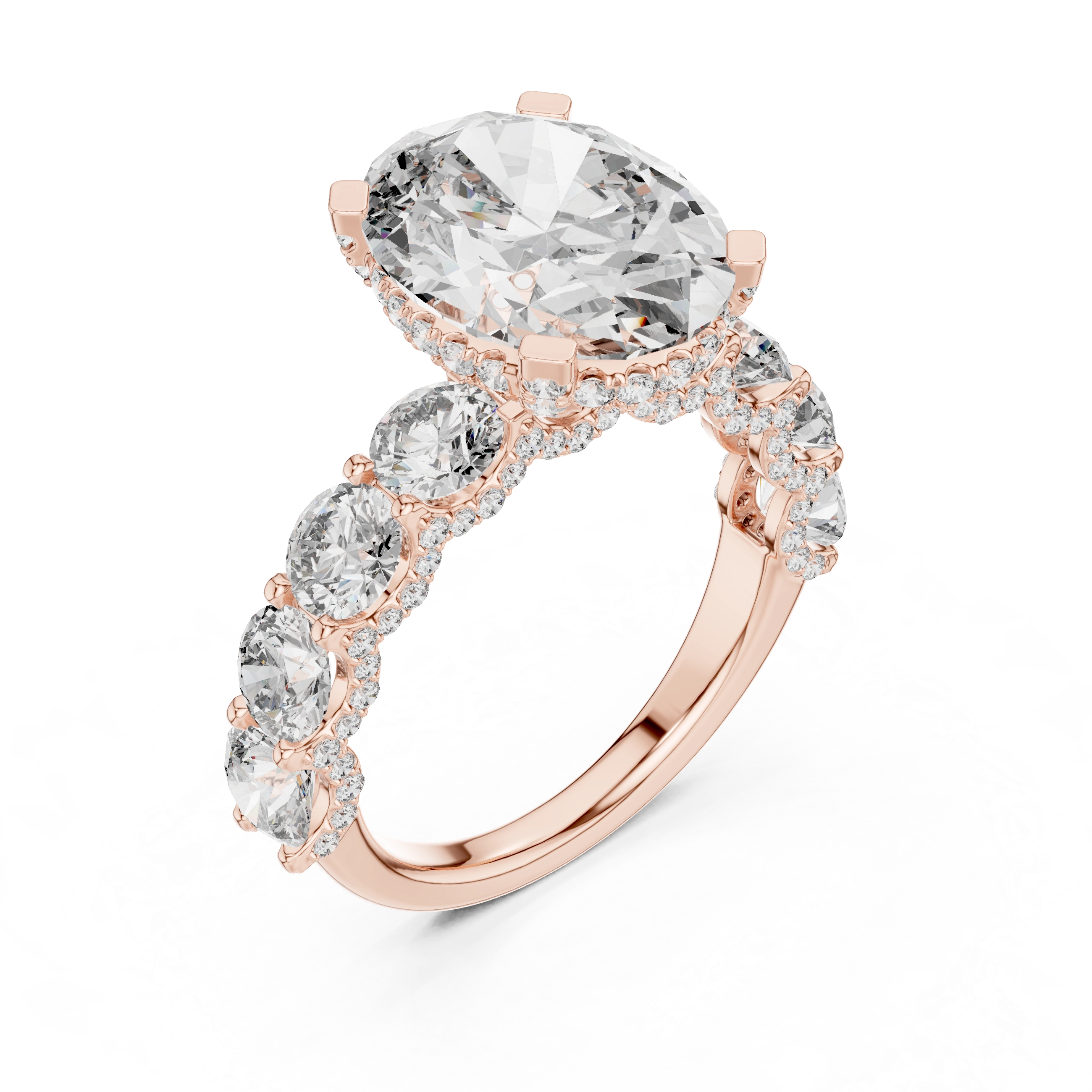 Gold 2Ct Side Stone Round Oval Lab Grown Diamond Earl Ring