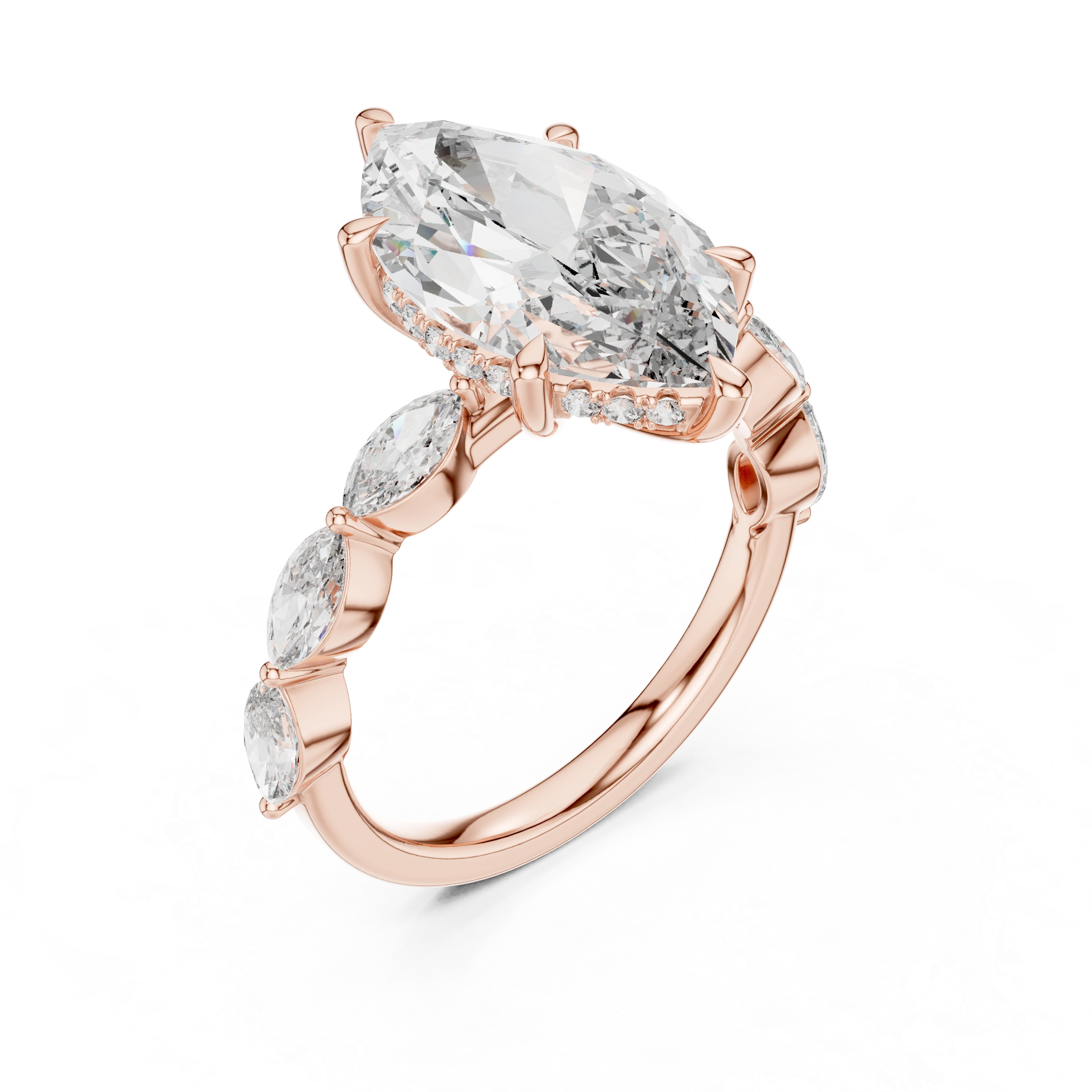 Gold 4Ct 6Prongs Solitaire Marquise Side Stone Lab Grown Diamond Tad Ring