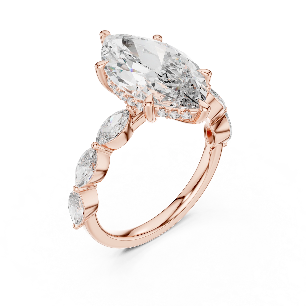 Gold 4Ct 6Prongs Solitaire Marquise Side Stone Lab Grown Diamond Tad Ring