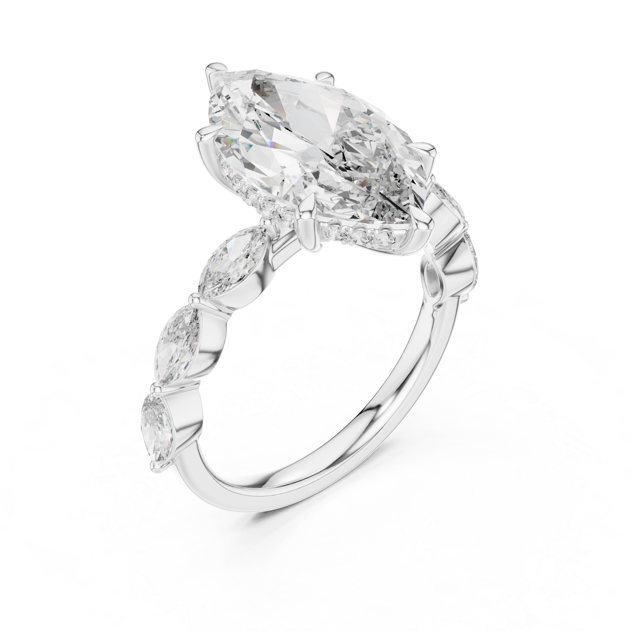 Gold 4Ct 6Prongs Solitaire Marquise Side Stone Lab Grown Diamond Tad Ring