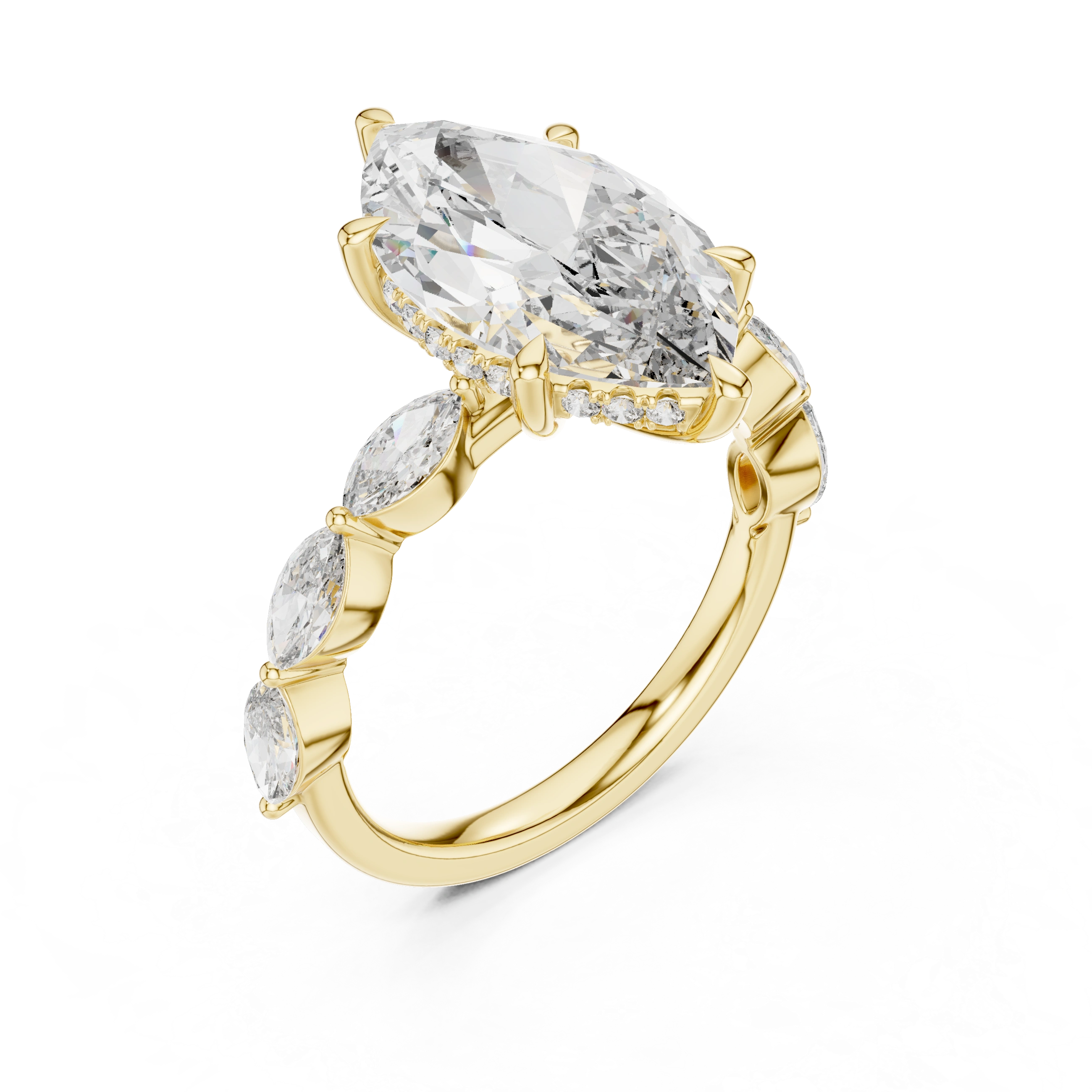 Gold 4Ct 6Prongs Solitaire Marquise Side Stone Lab Grown Diamond Tad Ring
