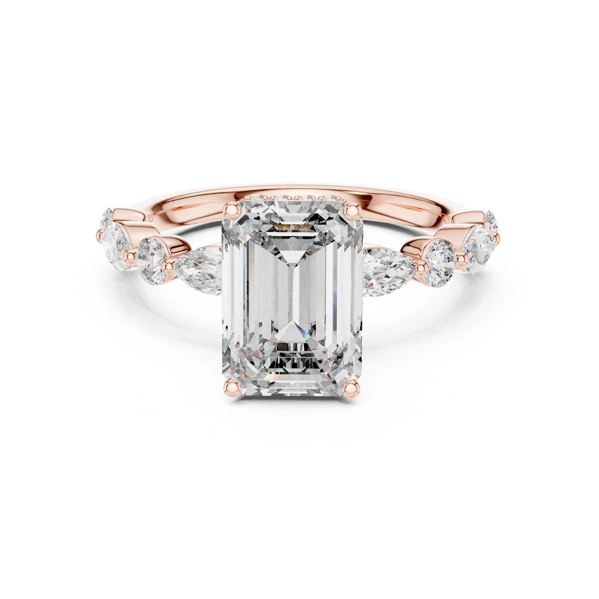 Gold 3Ct 4Prong Solitaire Emerald Marquise Side Stone Lab Grown Diamond Isaiah Ring