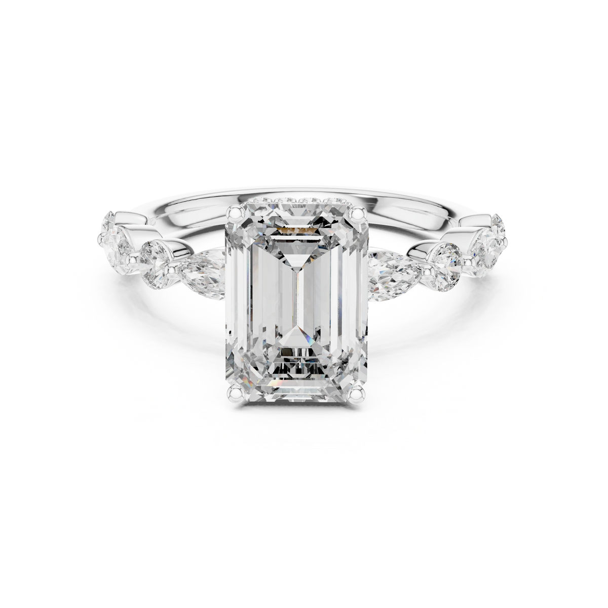 Gold 3Ct 4Prong Solitaire Emerald Marquise Side Stone Lab Grown Diamond Isaiah Ring