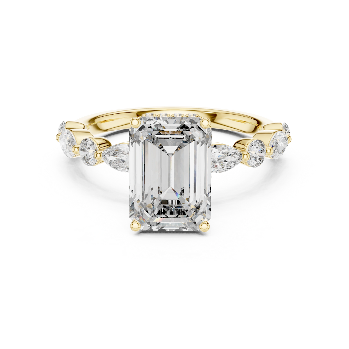Gold 3Ct 4Prong Solitaire Emerald Marquise Side Stone Lab Grown Diamond Isaiah Ring