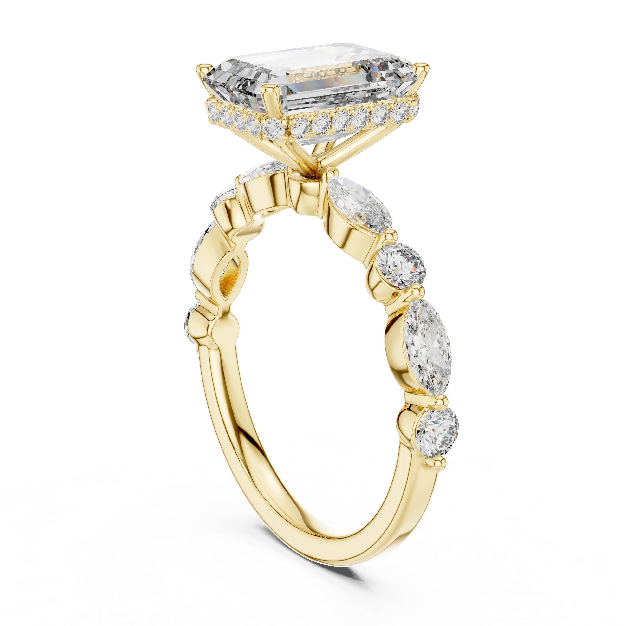 Gold 3Ct 4Prong Solitaire Emerald Marquise Side Stone Lab Grown Diamond Isaiah Ring