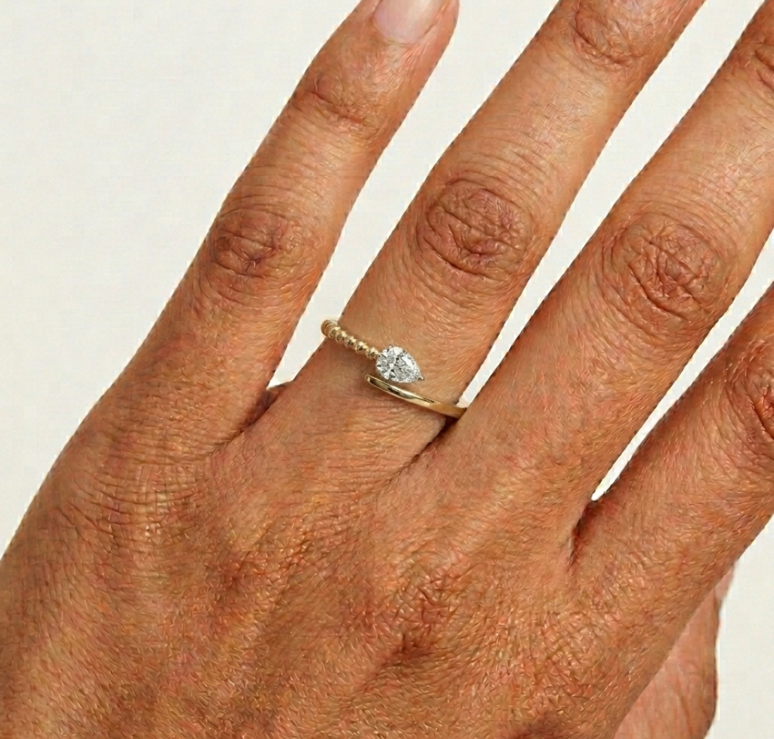 Dewdrop Ring Pear Lab Grown Diamond Beaded Bypass Band