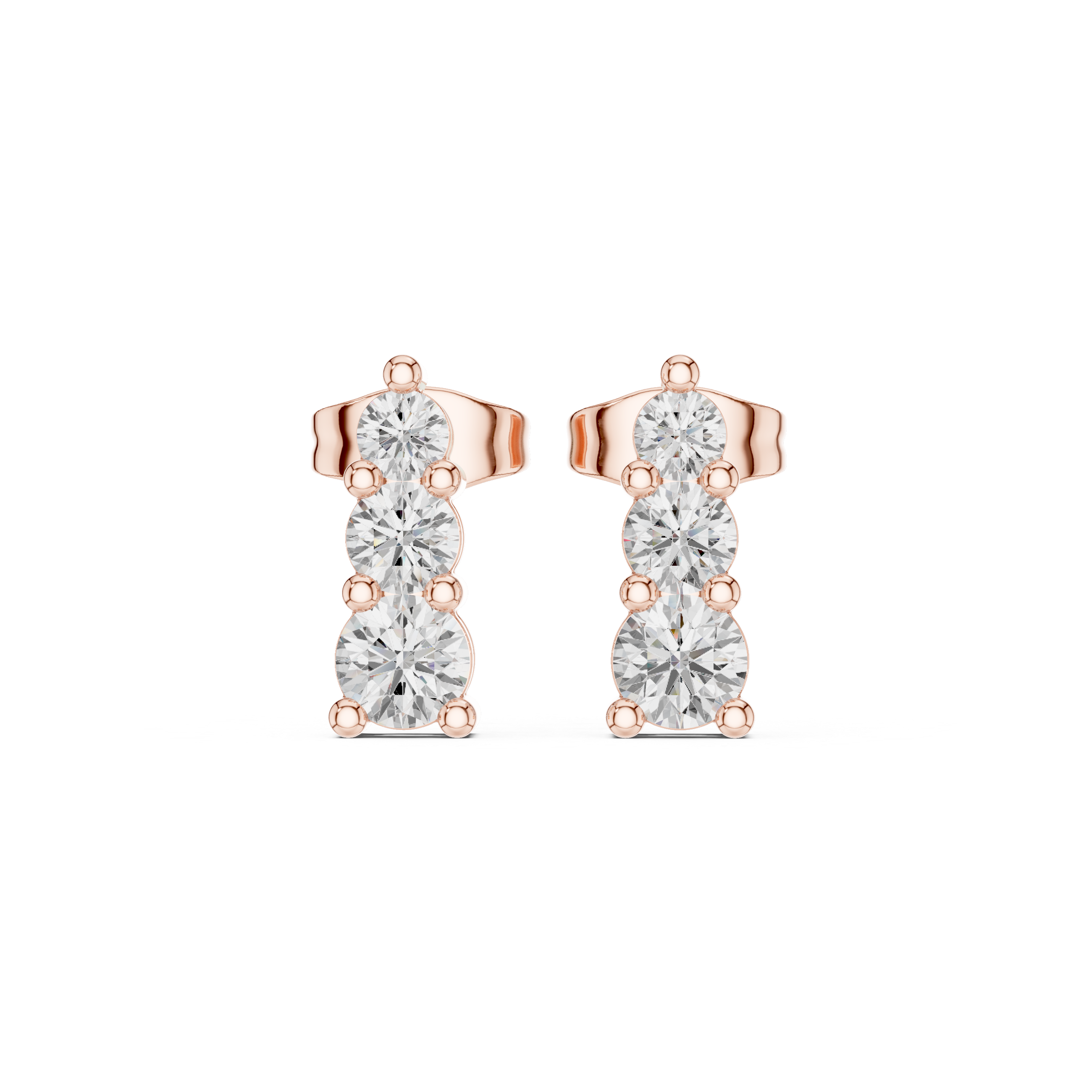 rose gold lab grown diamond earrings with a round diamonds creating a clean linear profile design
