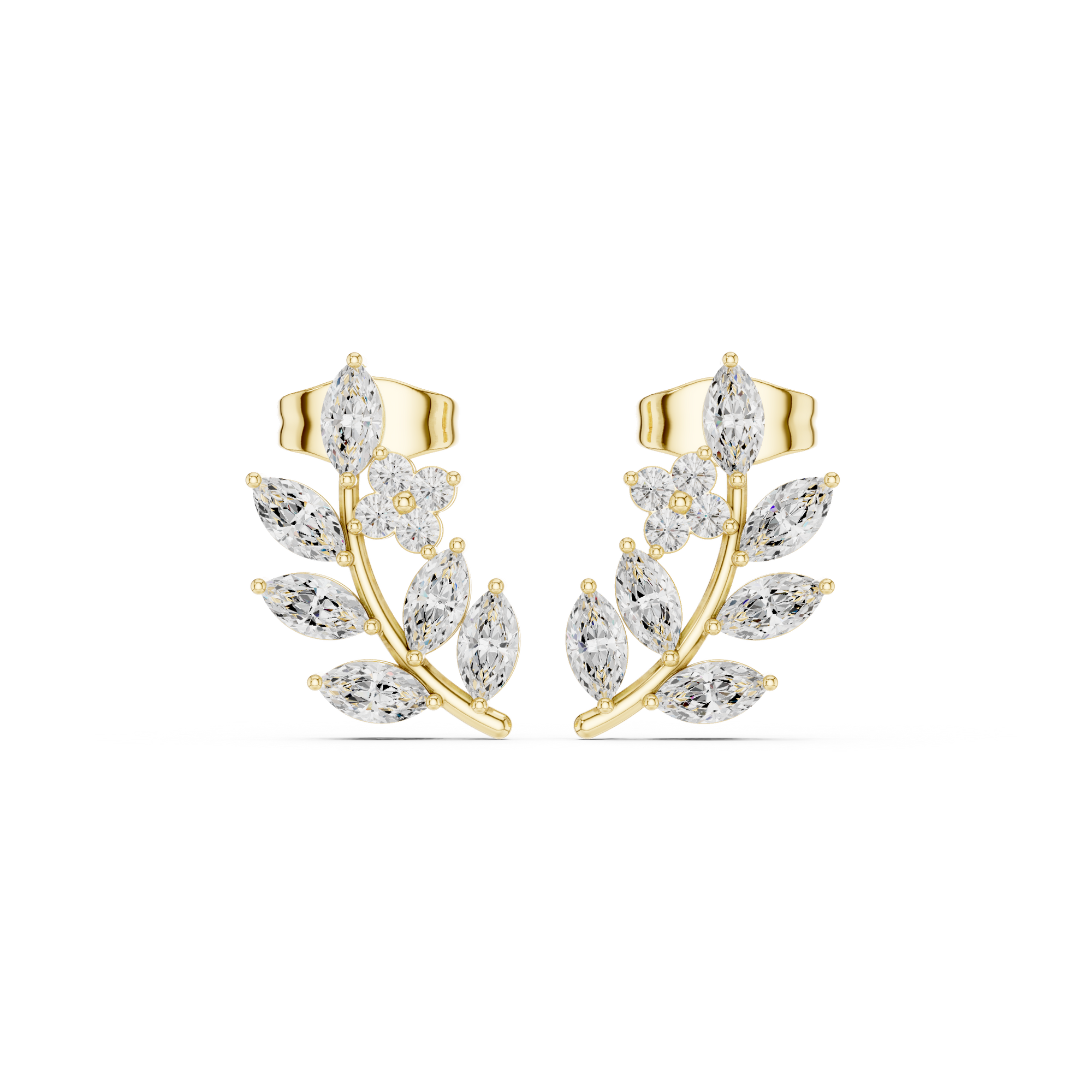 yellow gold Lab grown diamond earrings highlighting a botanical branch design accented with marquise cut diamonds