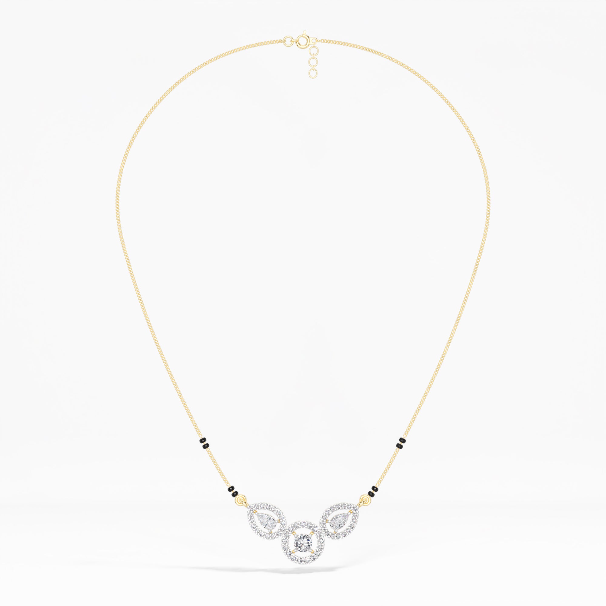 Yellow Gold 1Ct Three Stone Halo Pear Lab Grown Diamond Lyvorae Mangalsutra