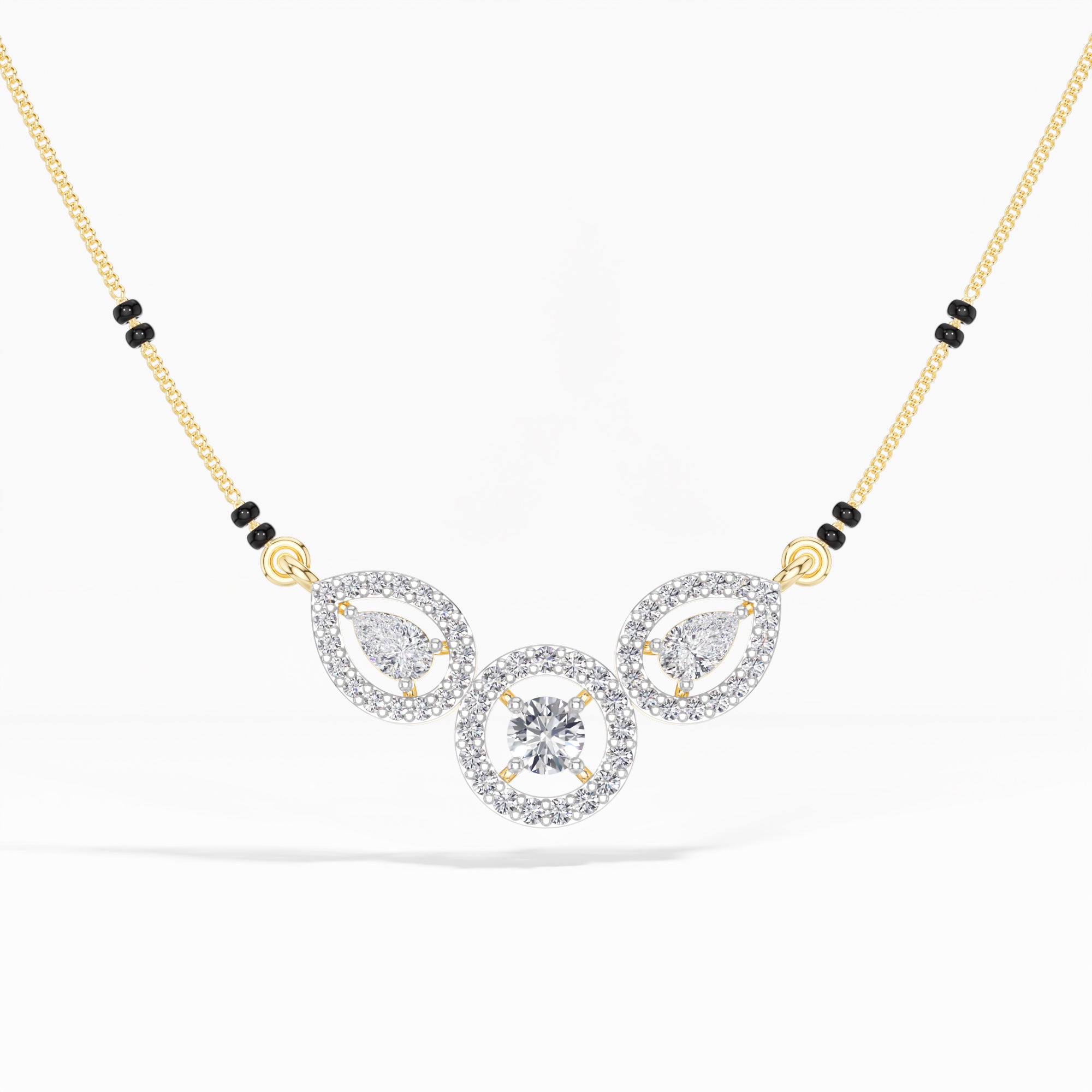 Yellow Gold 1Ct Three Stone Halo Pear Lab Grown Diamond Lyvorae Mangalsutra