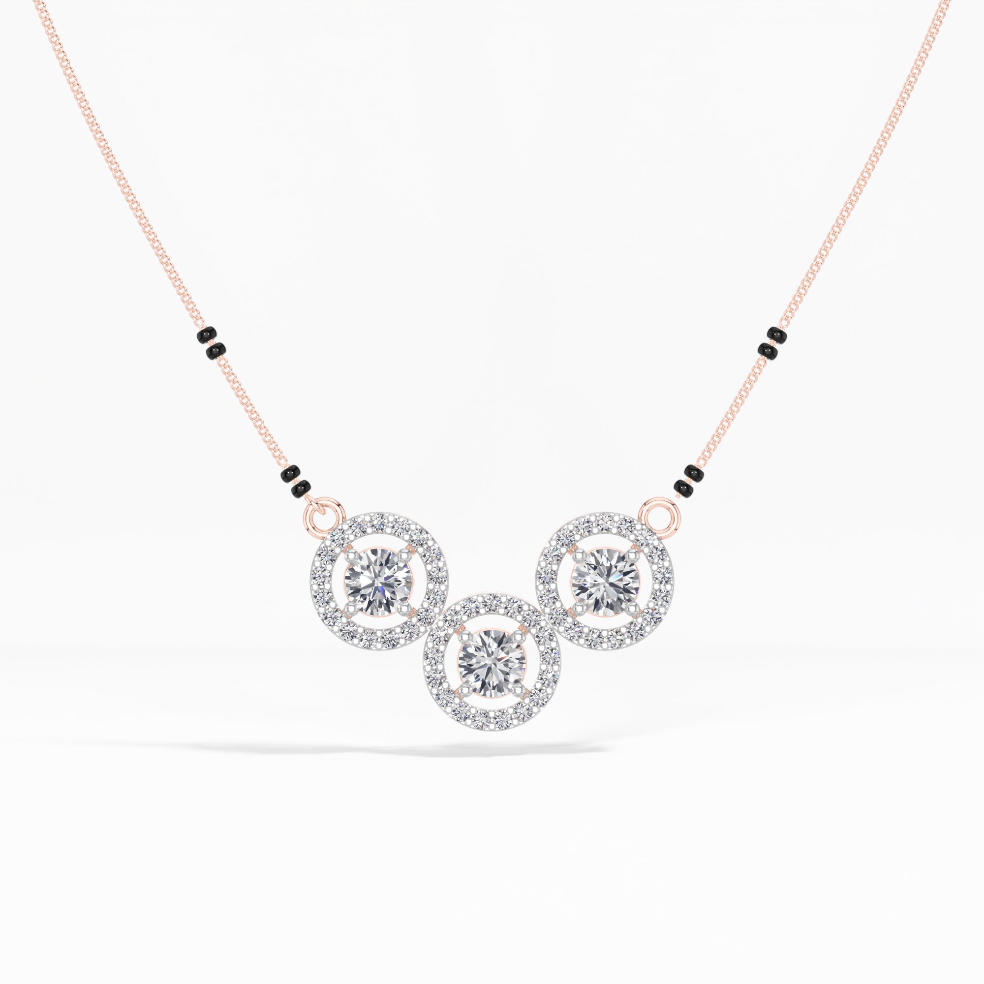 Rose Gold 2Ct Three Stone Halo Round Lab Grown Diamond Virexa Mangalsutra