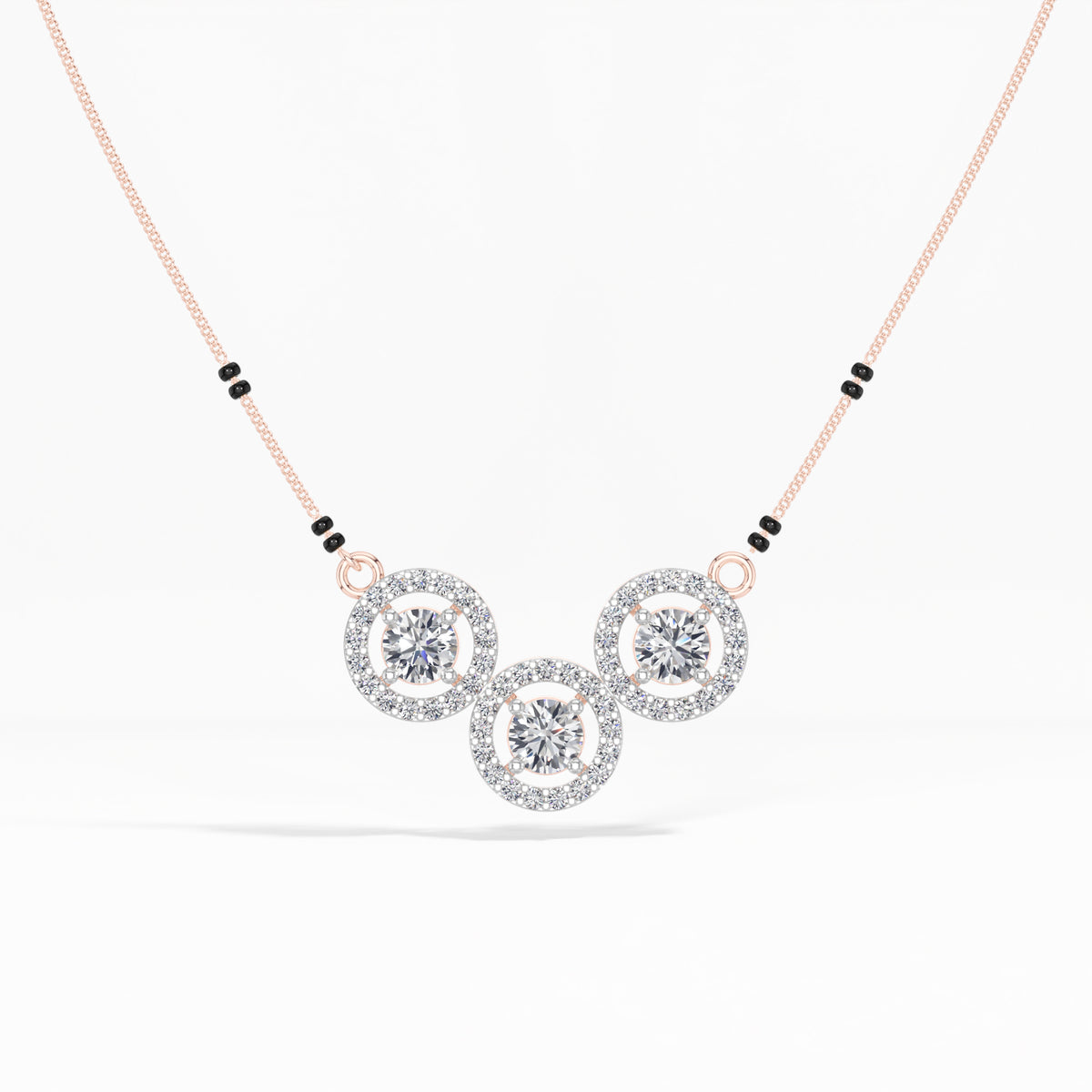 Rose Gold 2Ct Three Stone Halo Round Lab Grown Diamond Virexa Mangalsutra