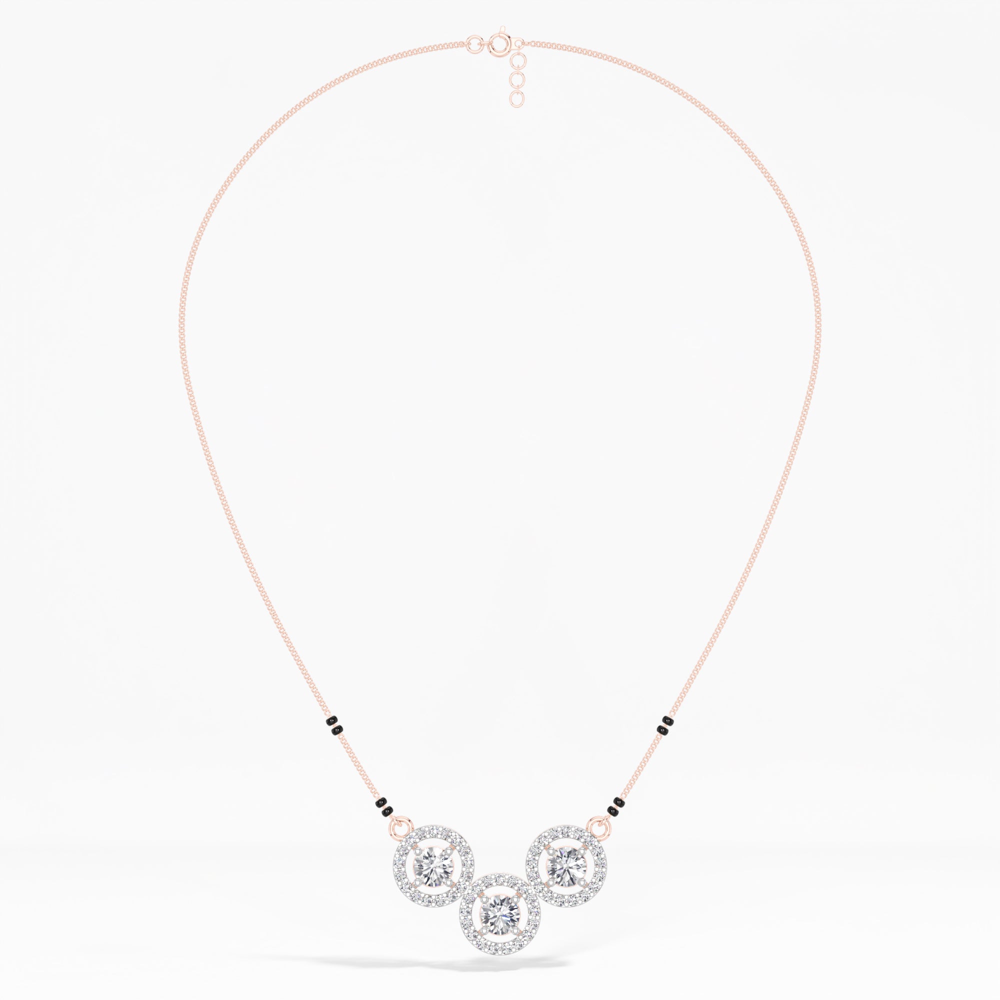 Rose Gold 2Ct Three Stone Halo Round Lab Grown Diamond Virexa Mangalsutra