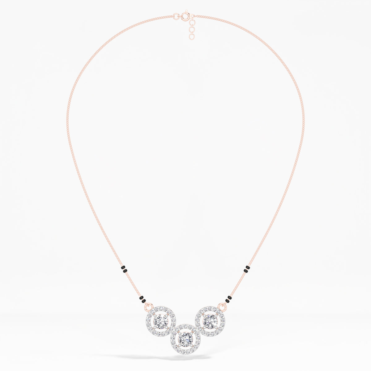 Rose Gold 2Ct Three Stone Halo Round Lab Grown Diamond Virexa Mangalsutra