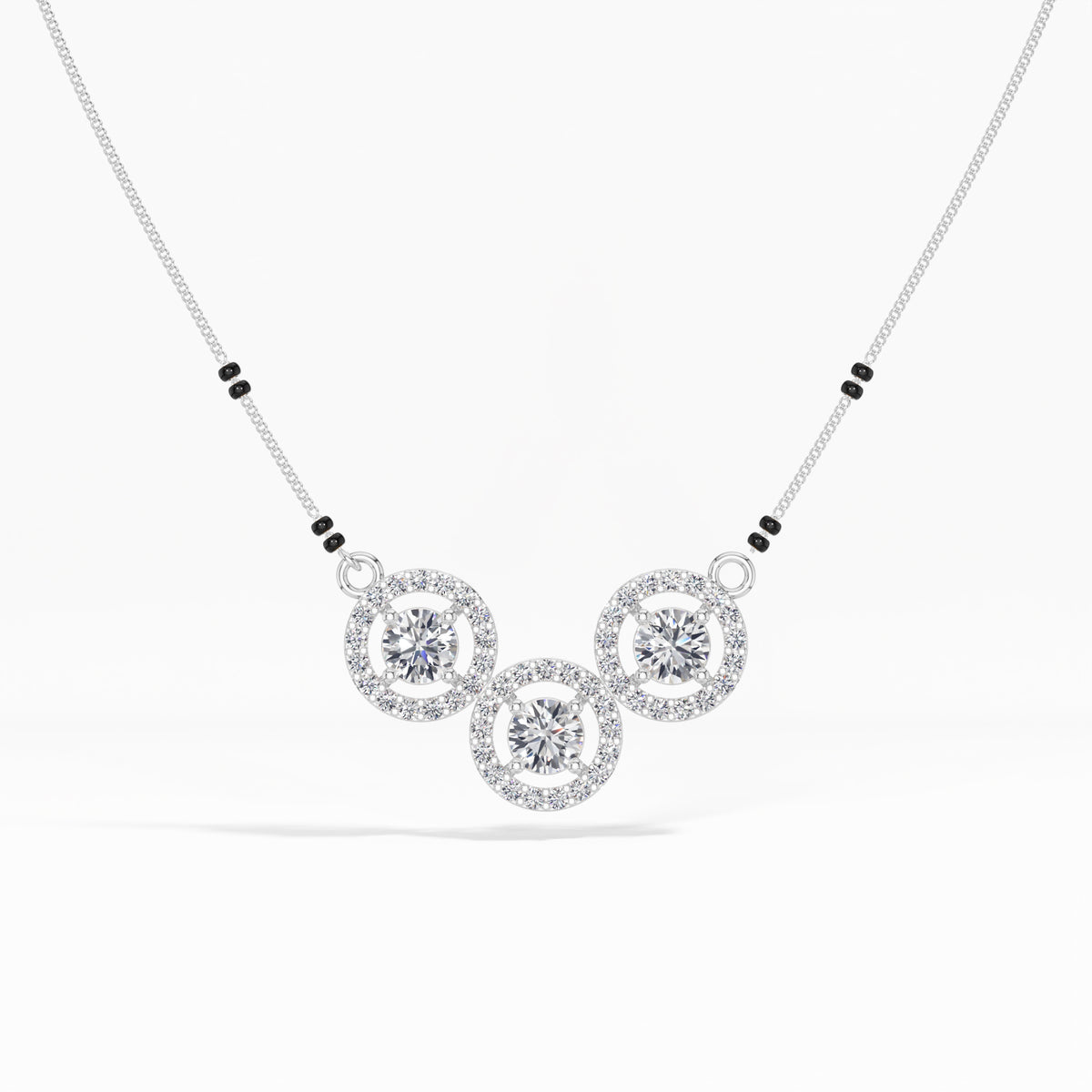 White Gold 2Ct Three Stone Halo Round Lab Grown Diamond Virexa Mangalsutra