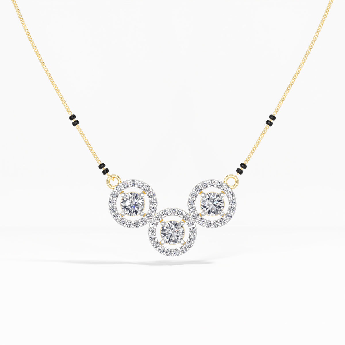 Yellow Gold 2Ct Three Stone Halo Round Lab Grown Diamond Virexa Mangalsutra