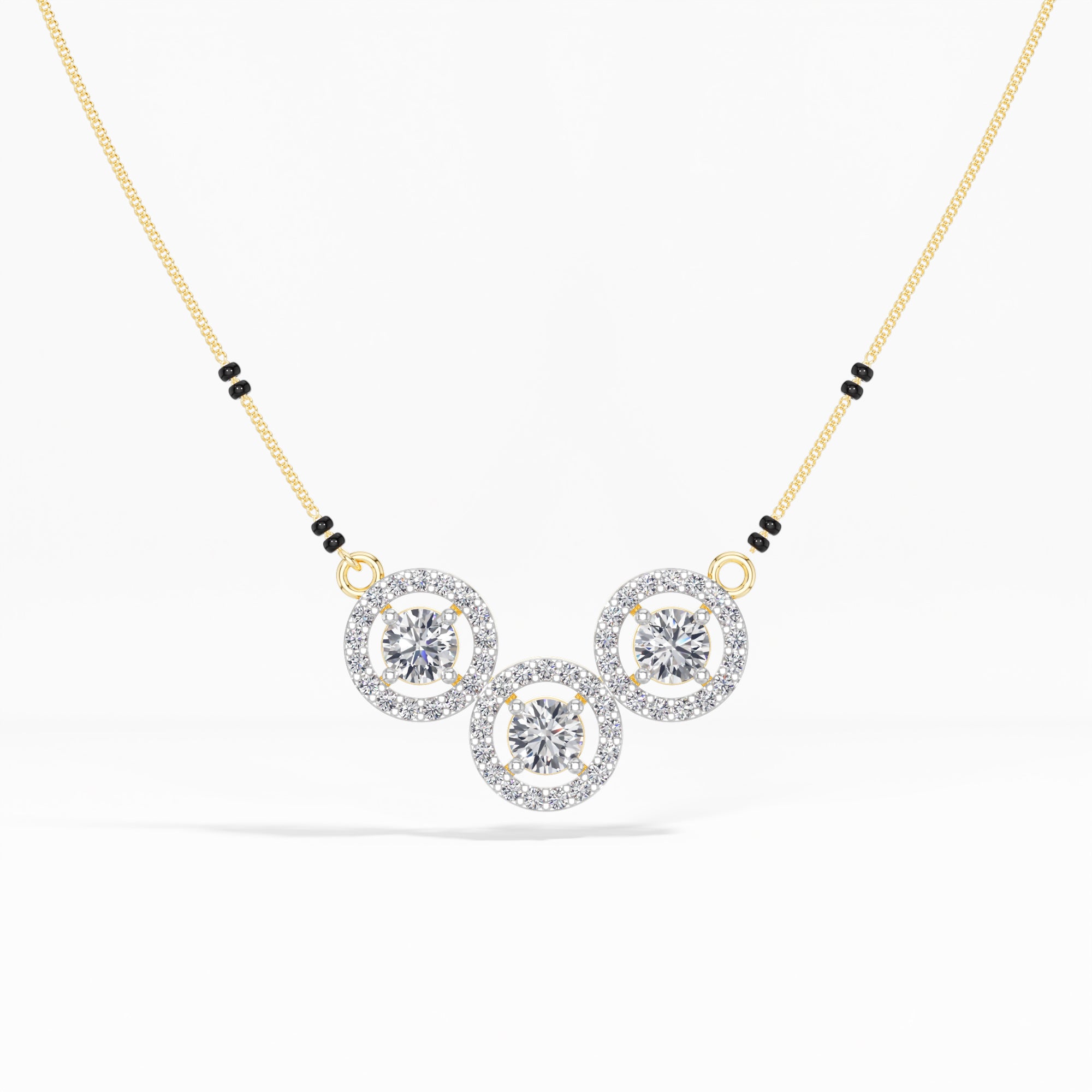 Yellow Gold 2Ct Three Stone Halo Round Lab Grown Diamond Virexa Mangalsutra