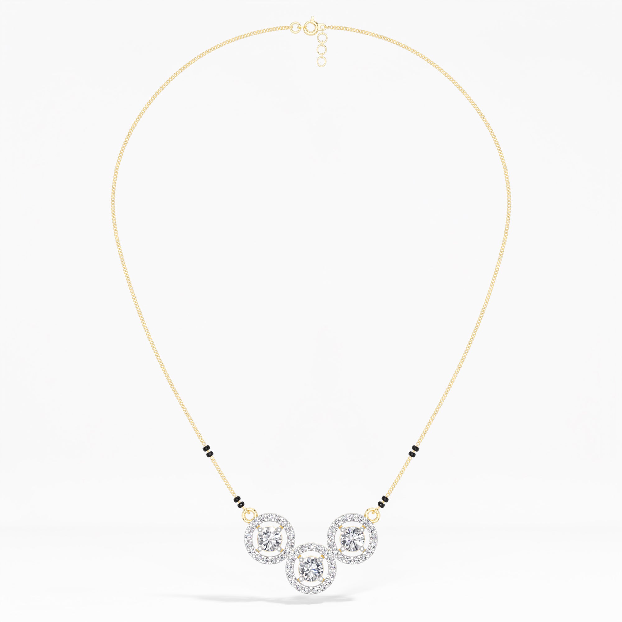 Yellow Gold 2Ct Three Stone Halo Round Lab Grown Diamond Virexa Mangalsutra