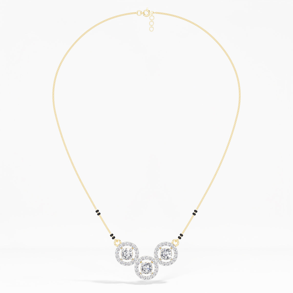 Yellow Gold 2Ct Three Stone Halo Round Lab Grown Diamond Virexa Mangalsutra