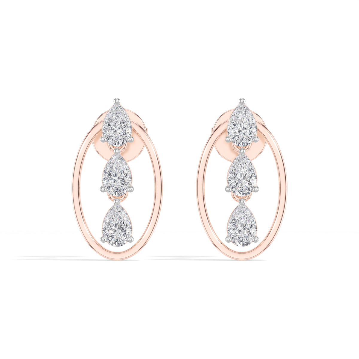 Pear Lab Grown Diamond Three-Stone Oval Frame Stud Elara Earrings