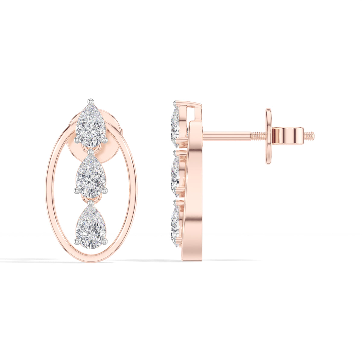 Pear Lab Grown Diamond Three-Stone Oval Frame Stud Elara Earrings