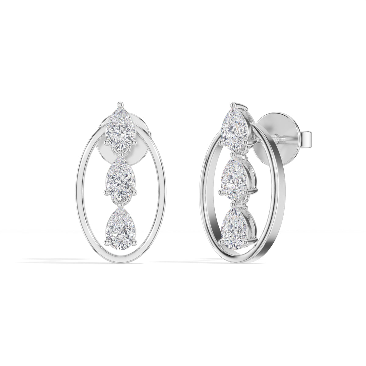 Pear Lab Grown Diamond Three-Stone Oval Frame Stud Elara Earrings
