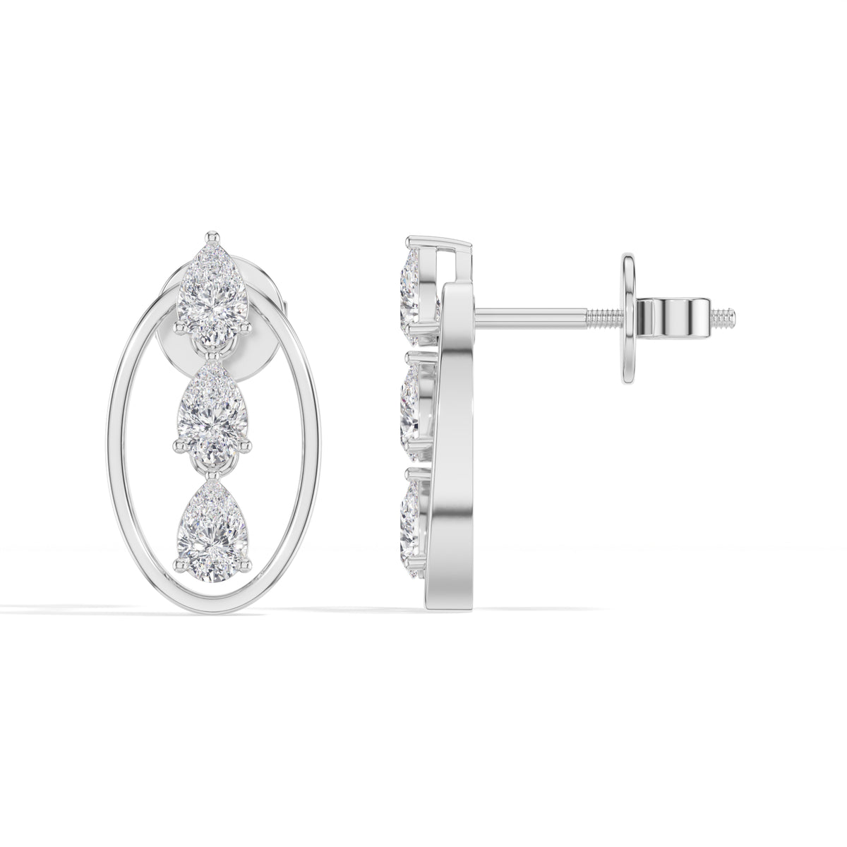 Pear Lab Grown Diamond Three-Stone Oval Frame Stud Elara Earrings