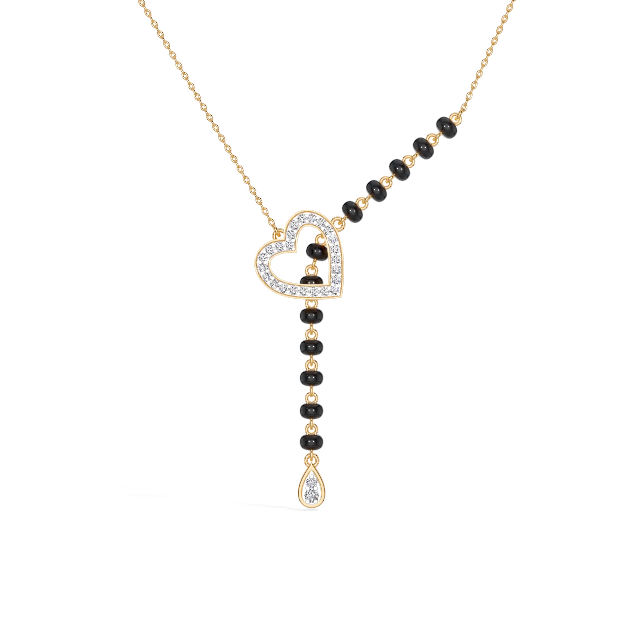 Yellow Gold Heart Pave Drop Round Lab Grown Diamond Orvexa Mangalsutra