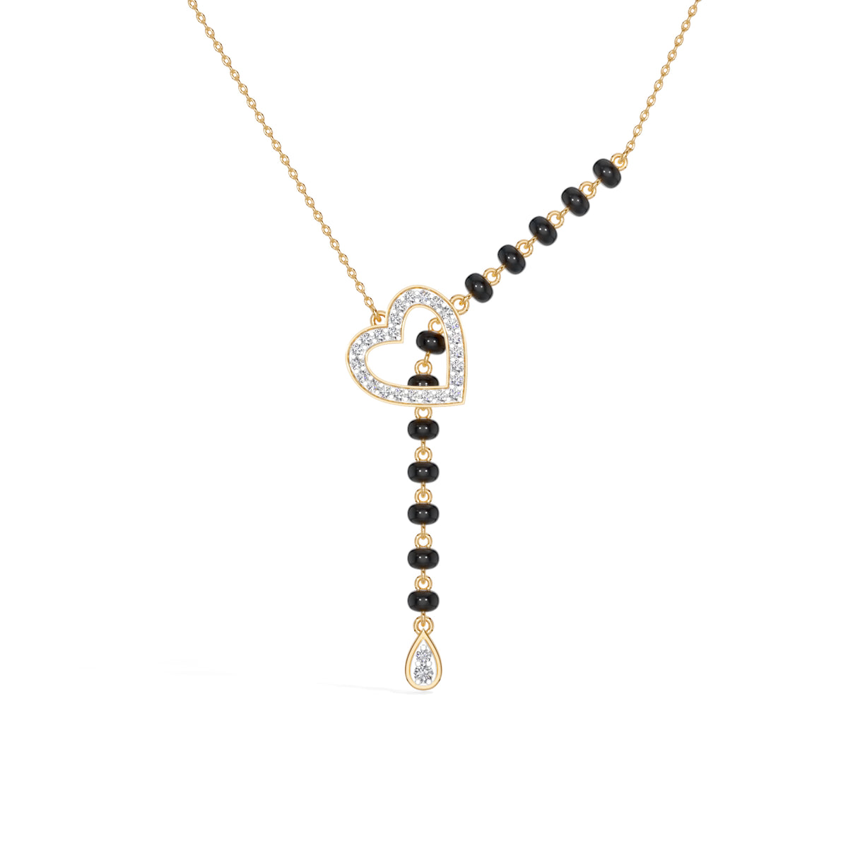 Yellow Gold Heart Pave Drop Round Lab Grown Diamond Orvexa Mangalsutra