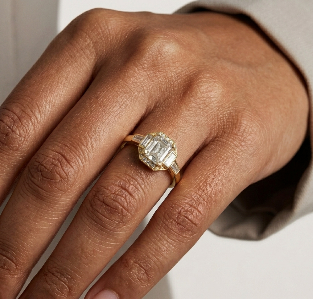 Gold 1Ct Halo Asscher Side Baguette Round Lab Grown Diamond Acario Ring