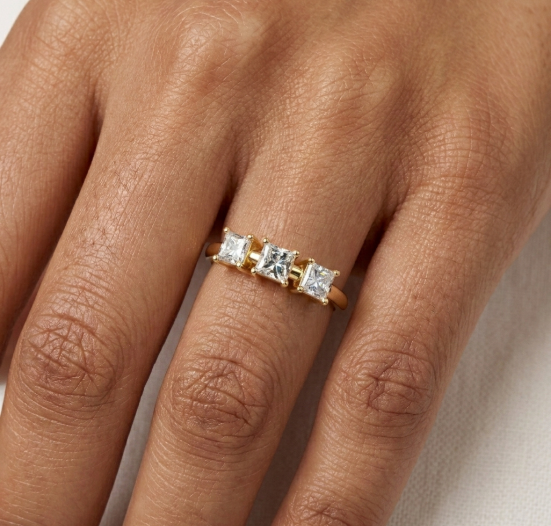Gold Three Stone Princess Lab Grown Diamond Aevra Ring