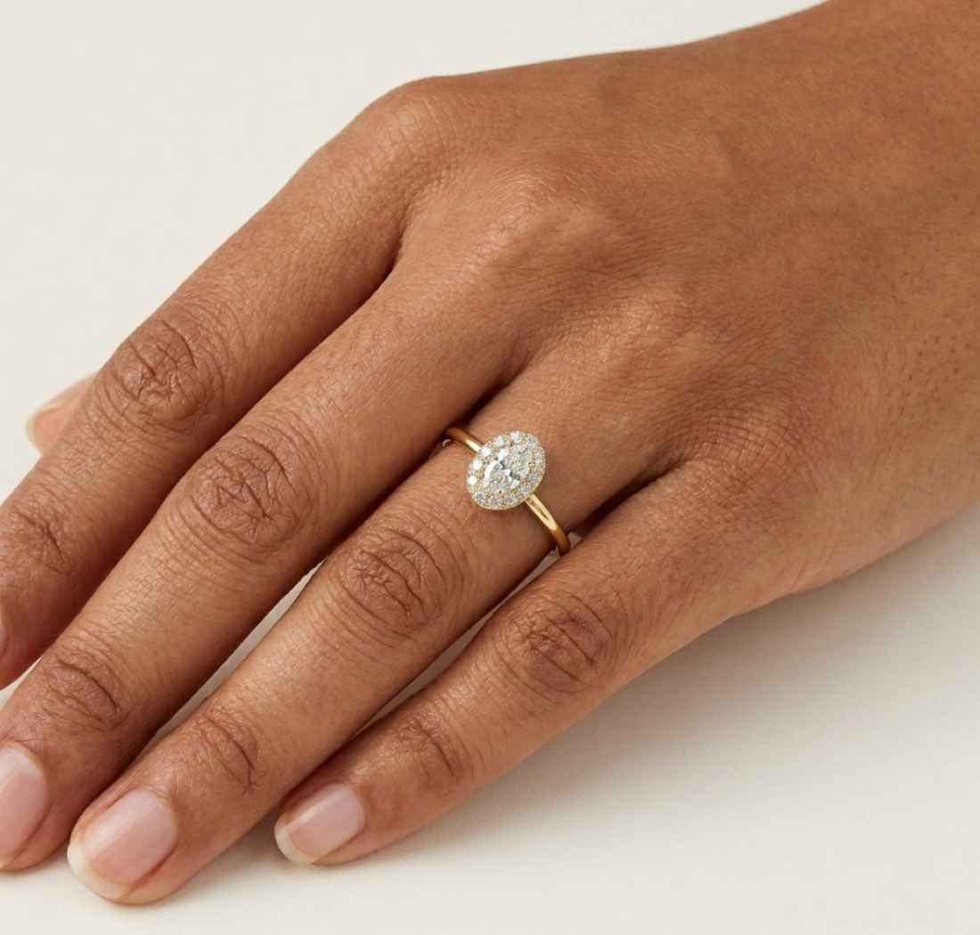 Gold Halo Settimg Oval Lab Grown Diamond Alyne Ring