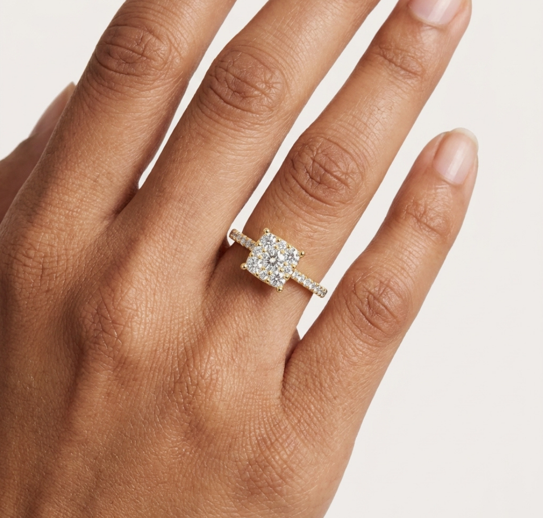 Gold Cushion Cluster Pave Solitaire Round Lab Grown Diamond Alyra Ring