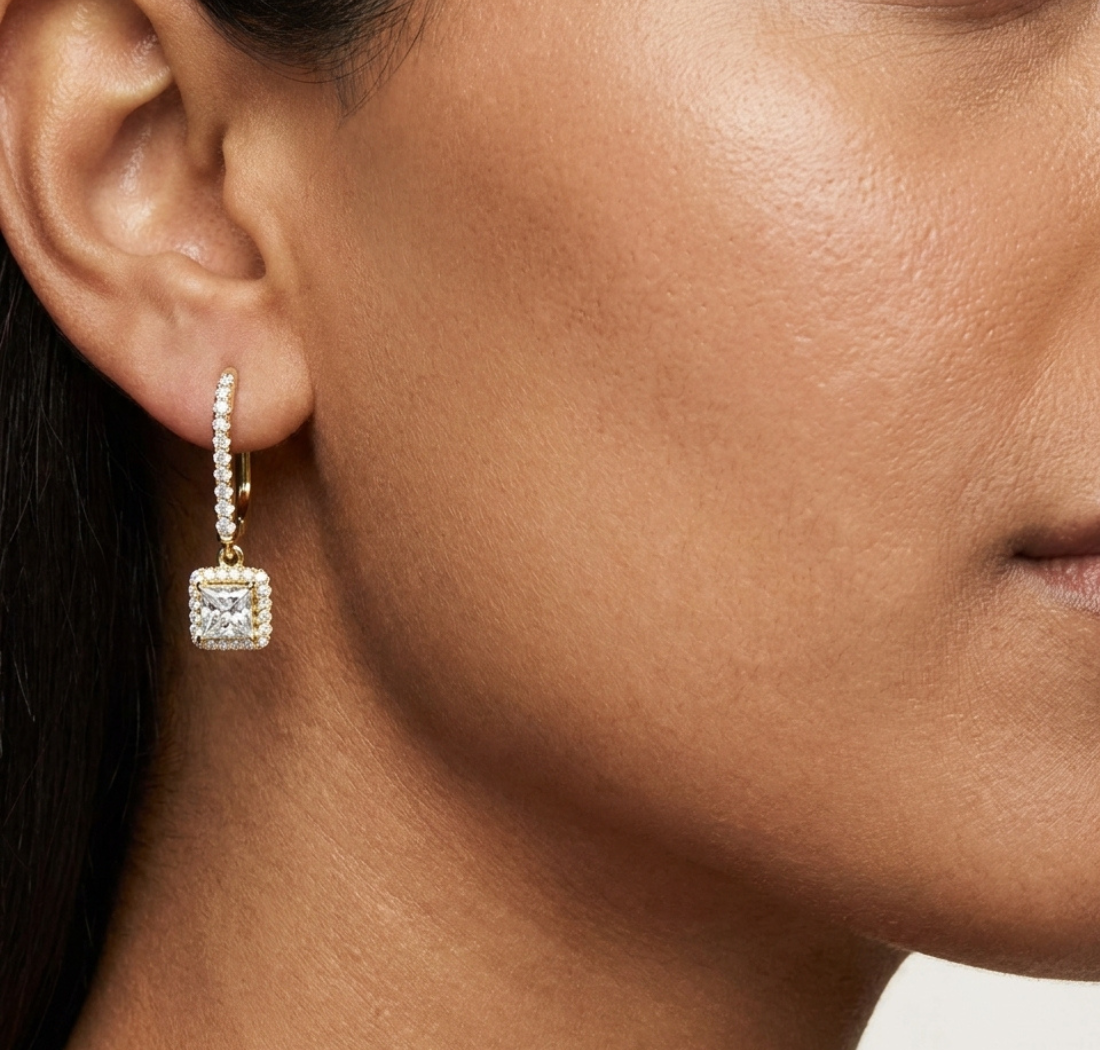 Gold Halo Drop Setting Princess Lab Grown Diamond Ardia Earring