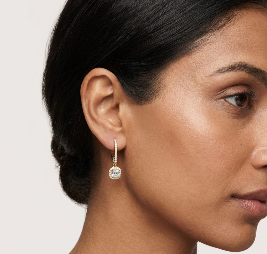 Gold Halo Drop Setting Asscher Lab Grown Diamond Aurea Earring