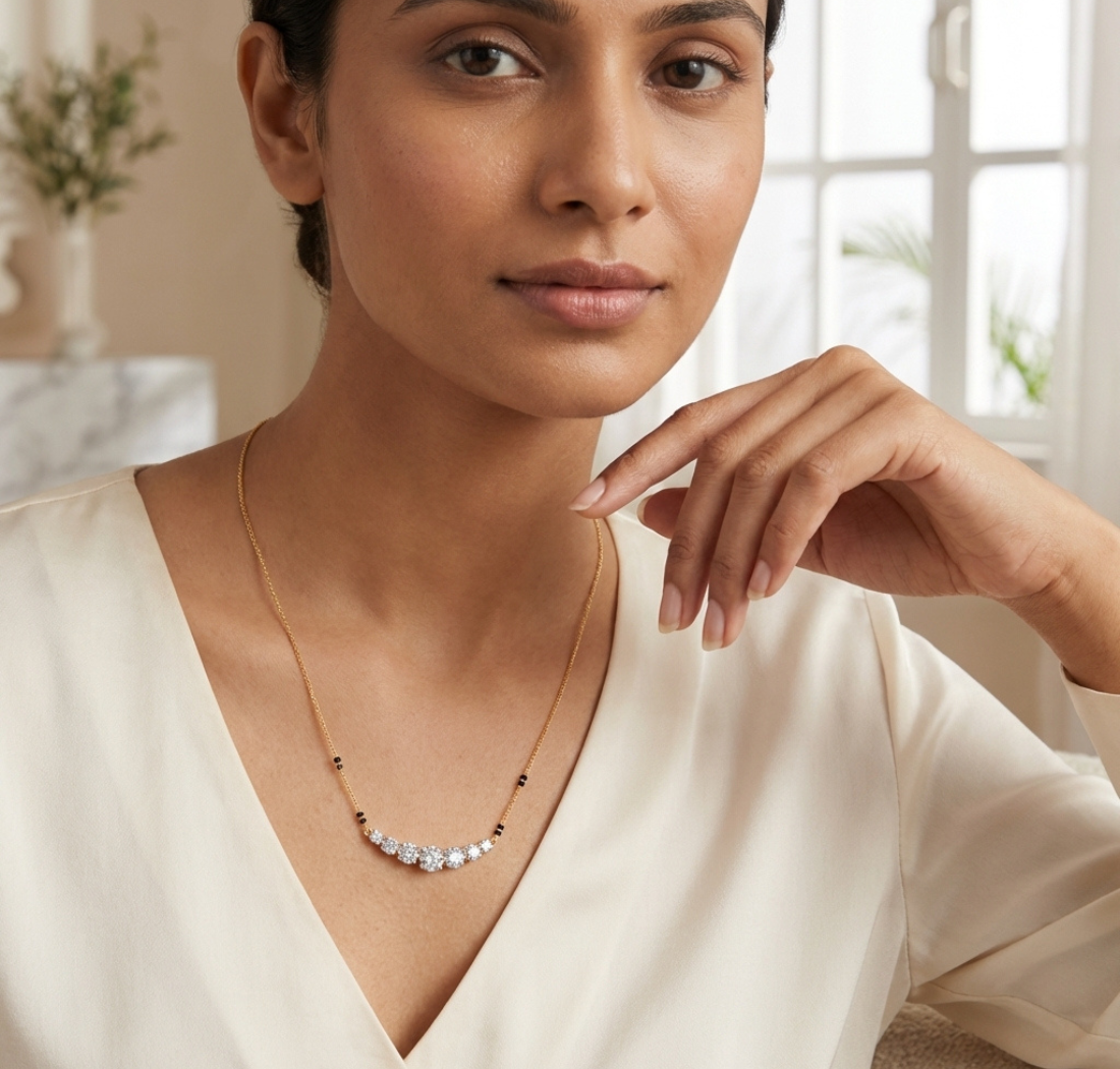 Gold 2Ct Graduated Prong Round Lab Grown Diamond Avenix Mangalsutra