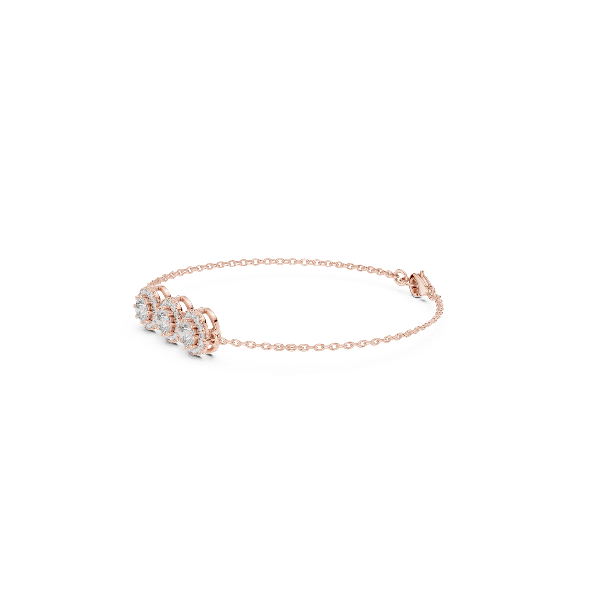 Gold 1Ct Three Stone Round Lab Grown Diamond Kiara Halo Bracelet