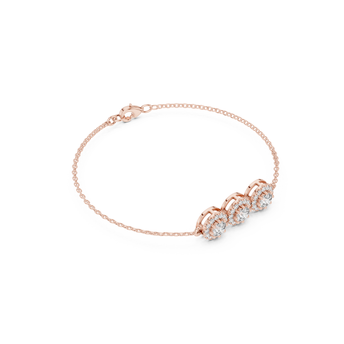 Gold 1Ct Three Stone Round Lab Grown Diamond Kiara Halo Bracelet
