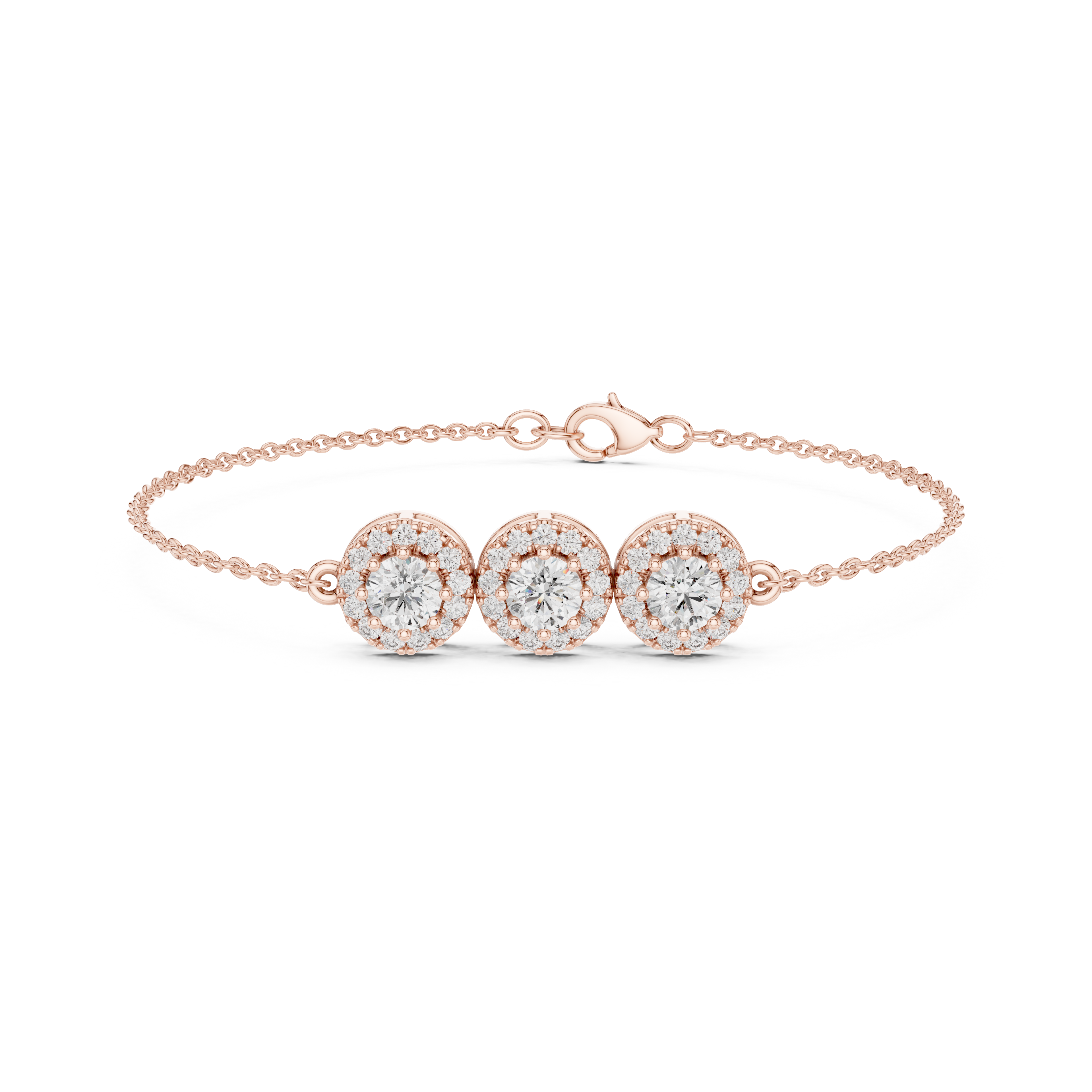 Gold 1Ct Three Stone Round Lab Grown Diamond Kiara Halo Bracelet