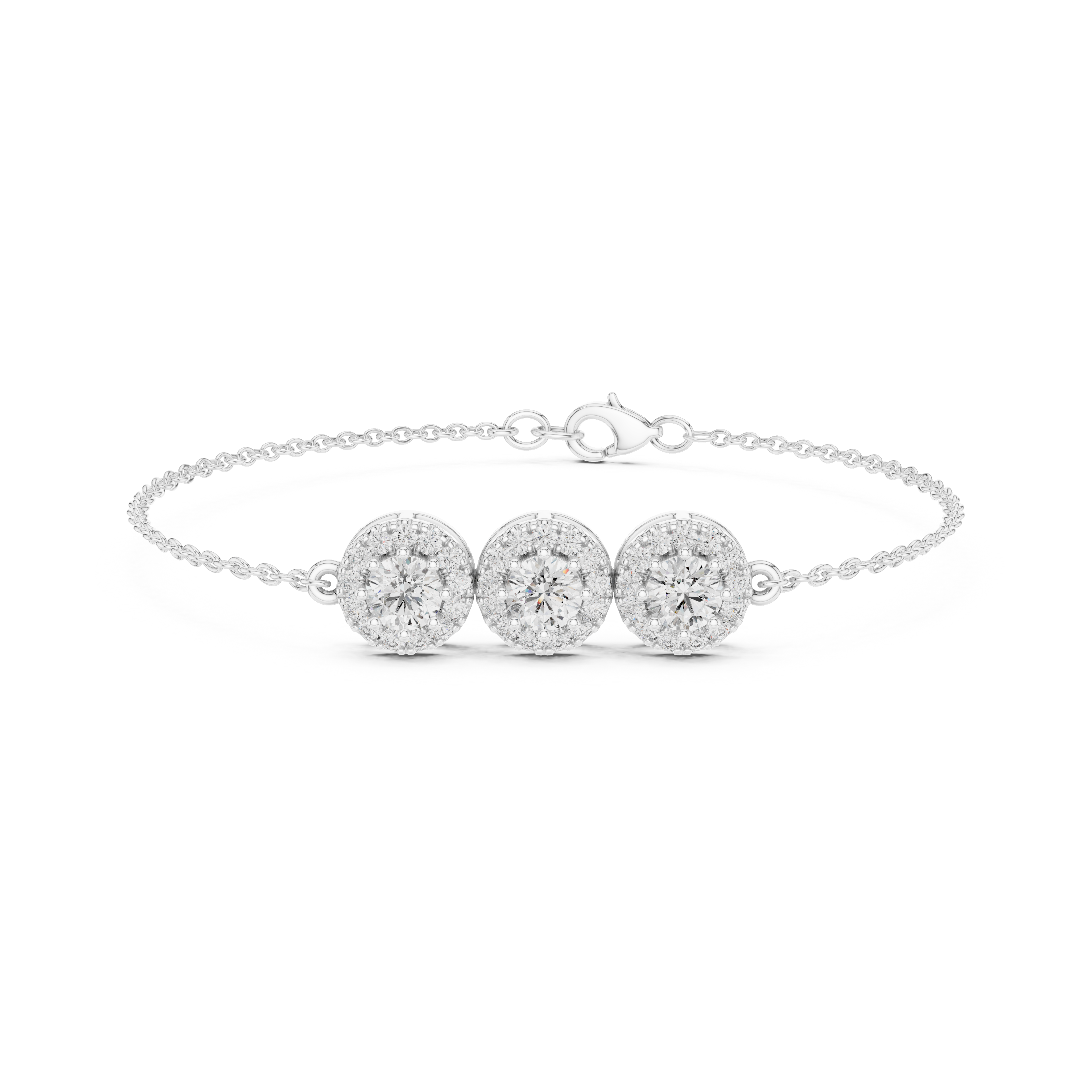 Gold 1Ct Three Stone Round Lab Grown Diamond Kiara Halo Bracelet
