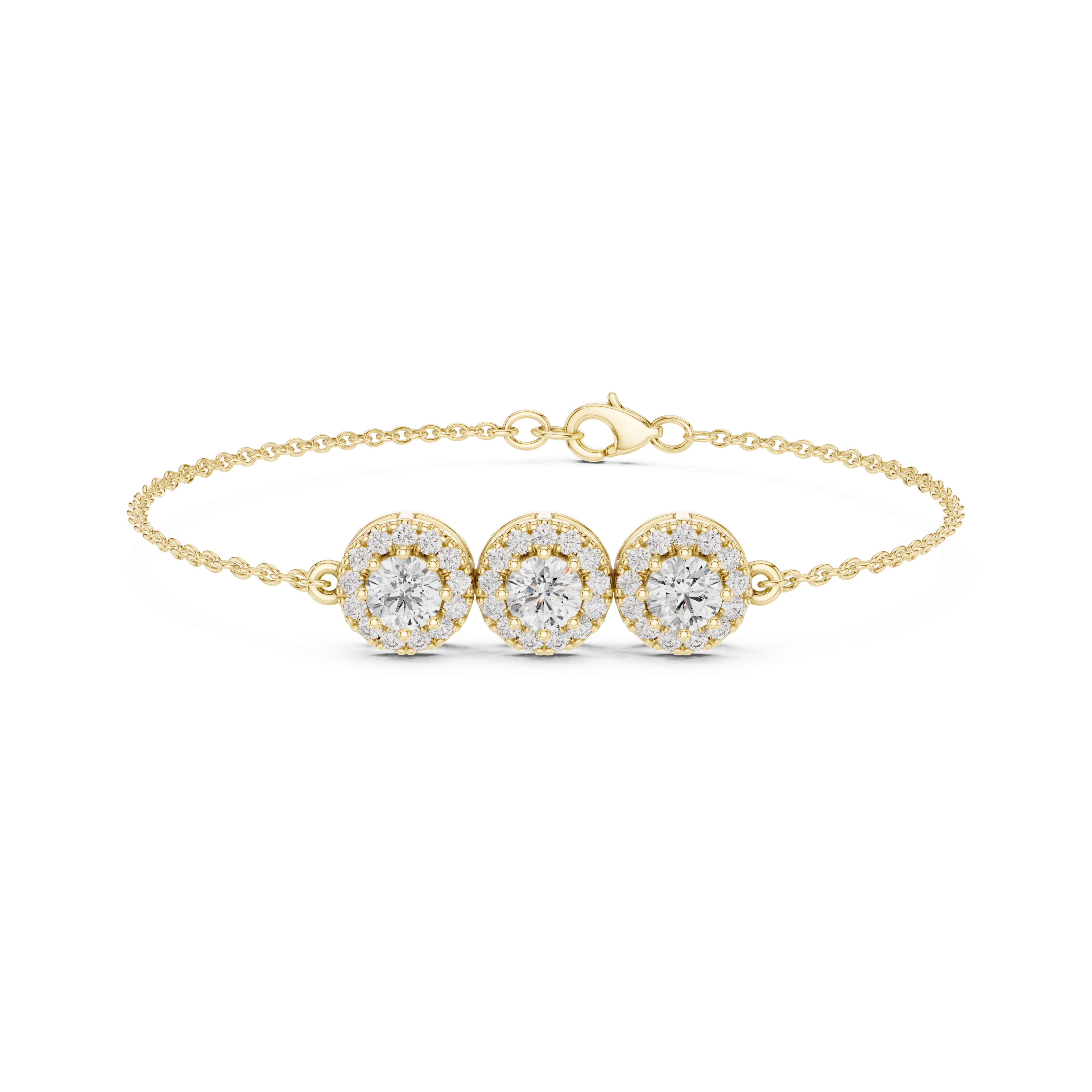 Gold 1Ct Three Stone Round Lab Grown Diamond Kiara Halo Bracelet