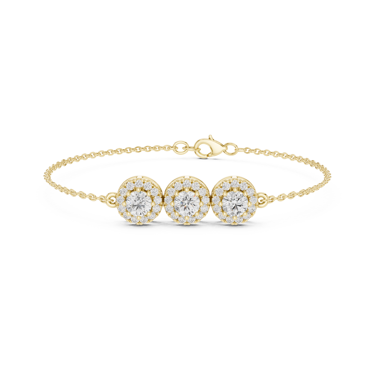 Gold 1Ct Three Stone Round Lab Grown Diamond Kiara Halo Bracelet