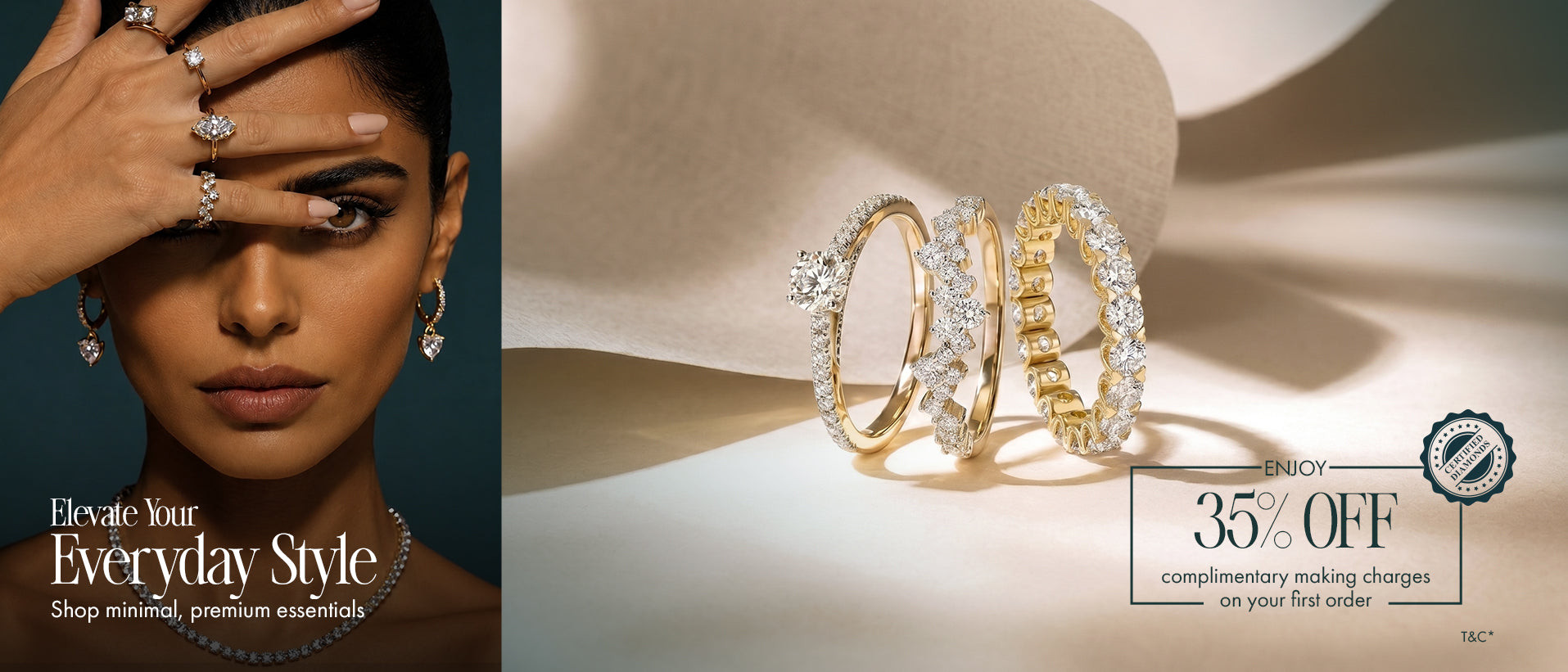 Everyday diamond jewellery styling featuring layered rings, heart earrings and yellow gold band rings