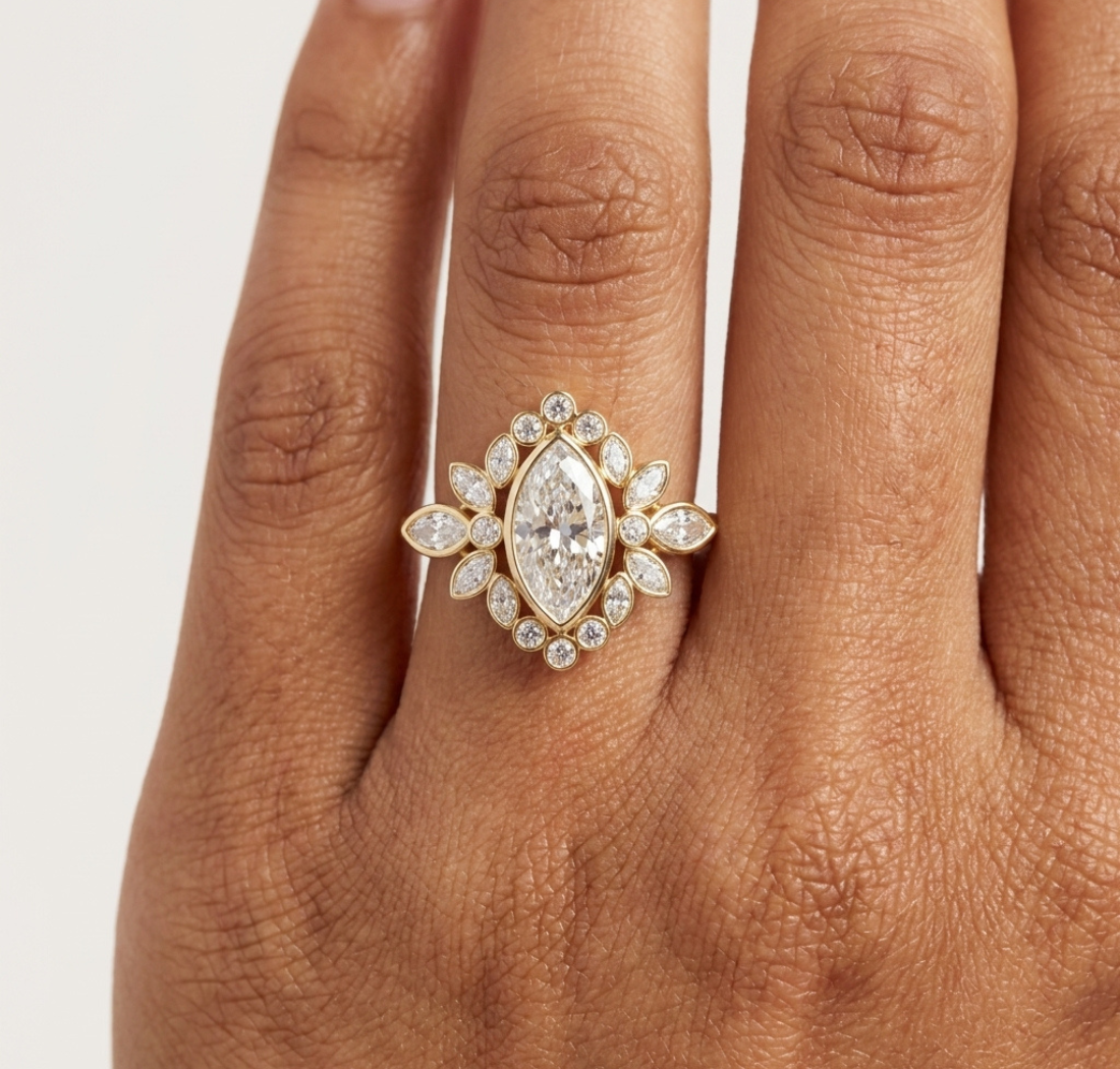 Gold 2Ct Floral Cluster Marquise Lab Grown Diamond Azira Ring